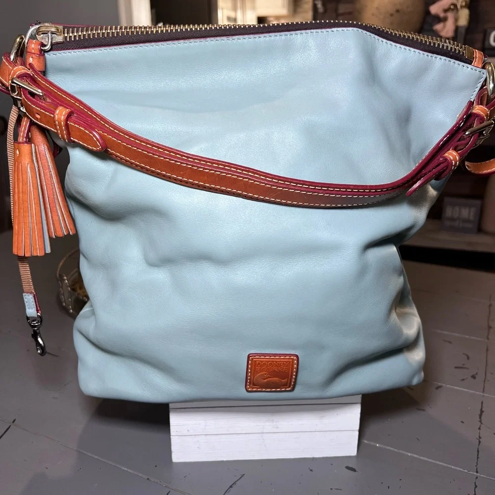 Dooney & Bourke Light Blue Leather Shoulder Bag with Multicolor Strap
